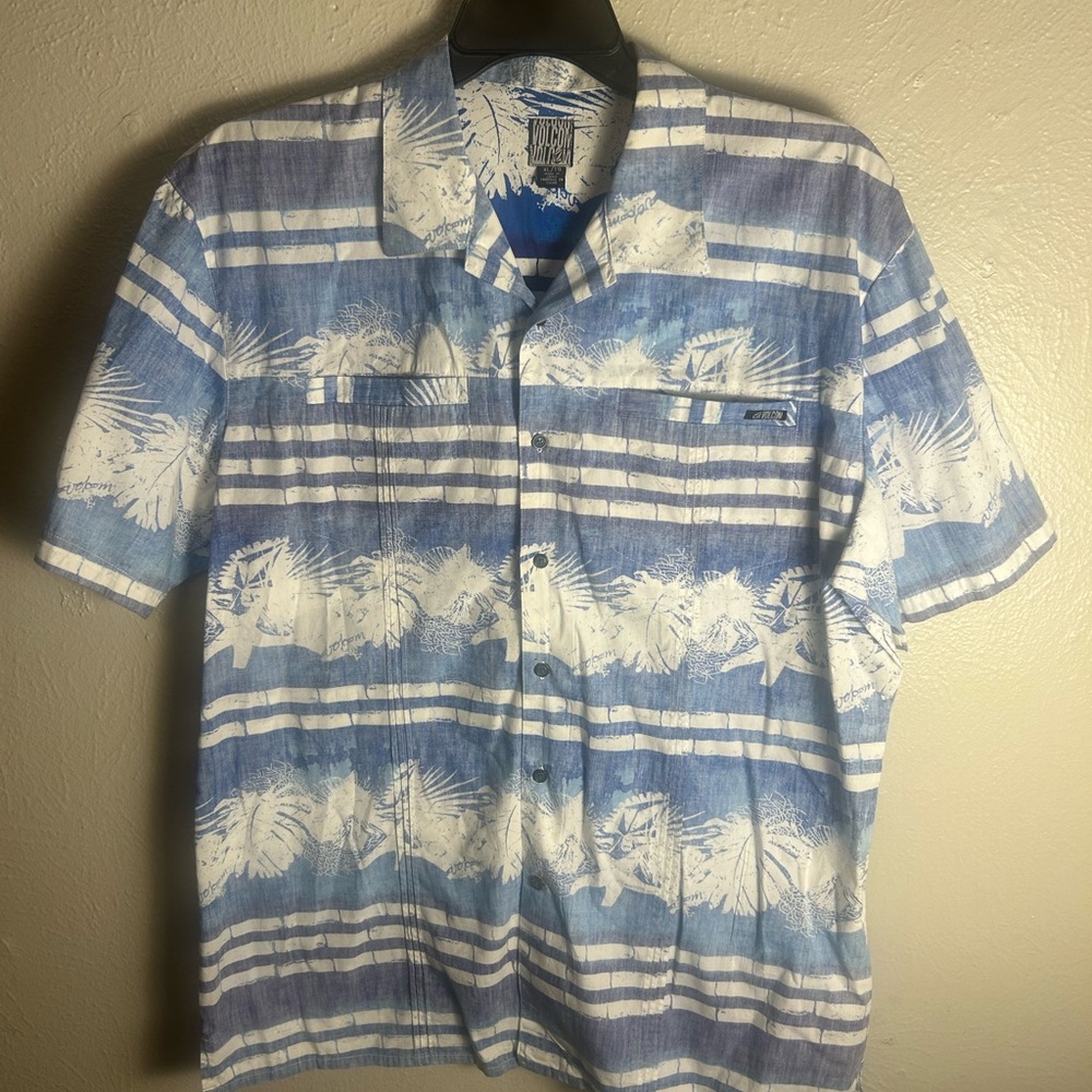 Volcom Blue & White Striped Tropical Button-Down Shirt